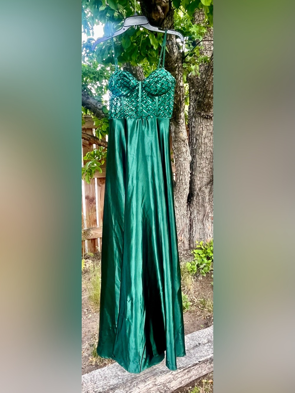 Windsor Dark Green Satin Prom Gown with Beaded Lattice Bodice - Picture 6 of 12